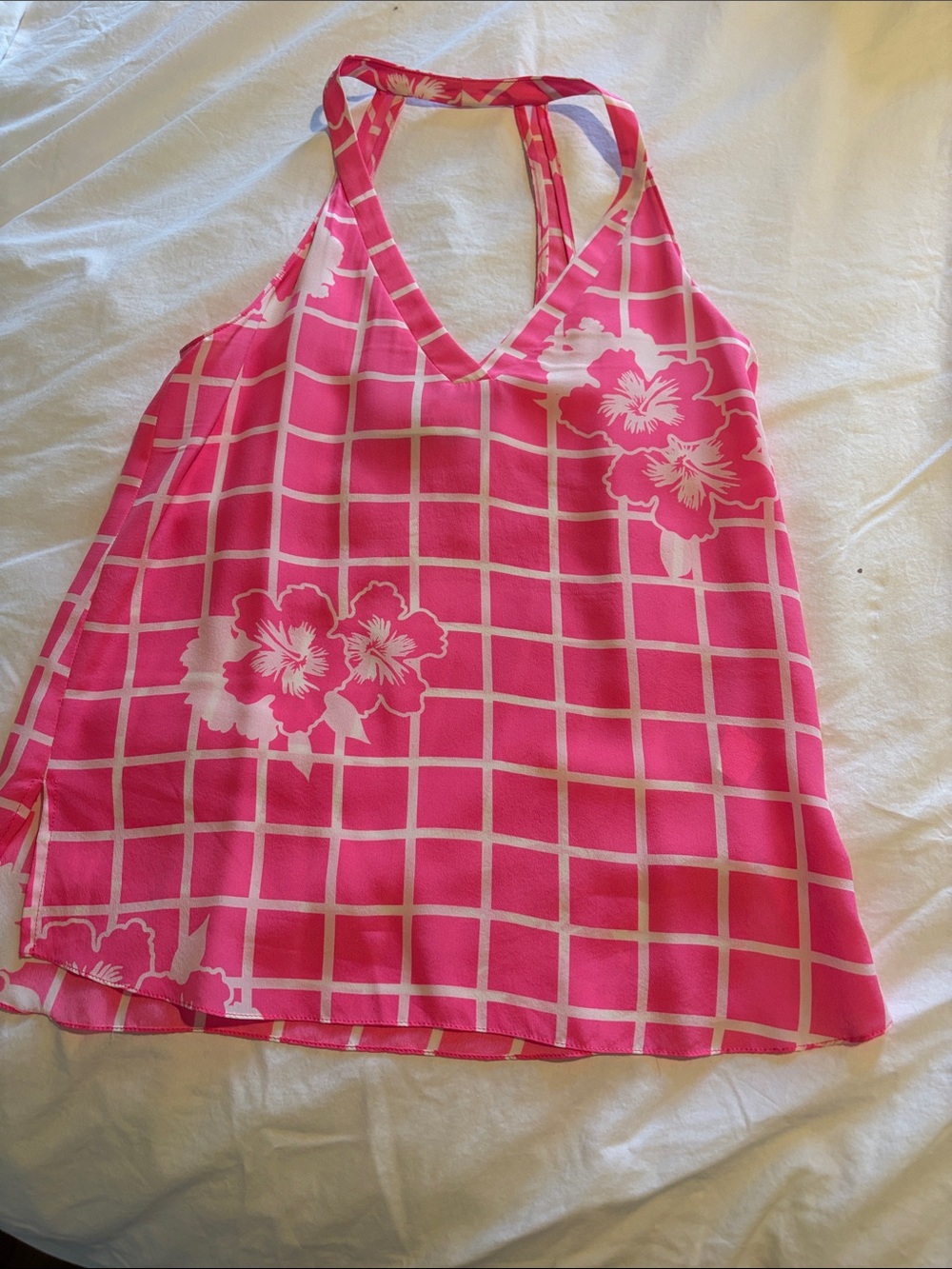 Amanda Uprichard Pink and White Floral Grid Halter